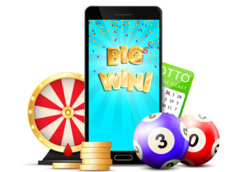 Online casino colorful composition advertisement with mobile big win screen chips roulette lottery card realistic vector illustration