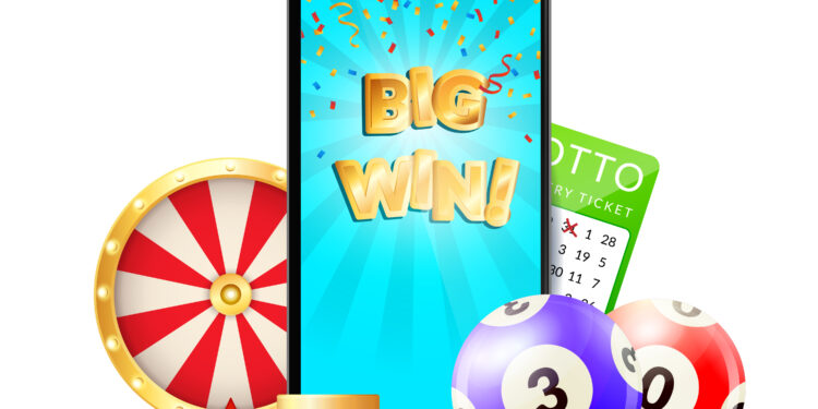Online casino colorful composition advertisement with mobile big win screen chips roulette lottery card realistic vector illustration
