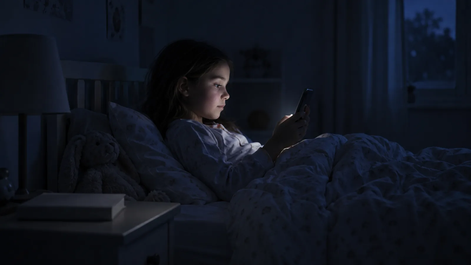 Gece karanlığındaki odasında yatağında oturan çocuk, elindeki telefonun ışığında uyanık duruyor