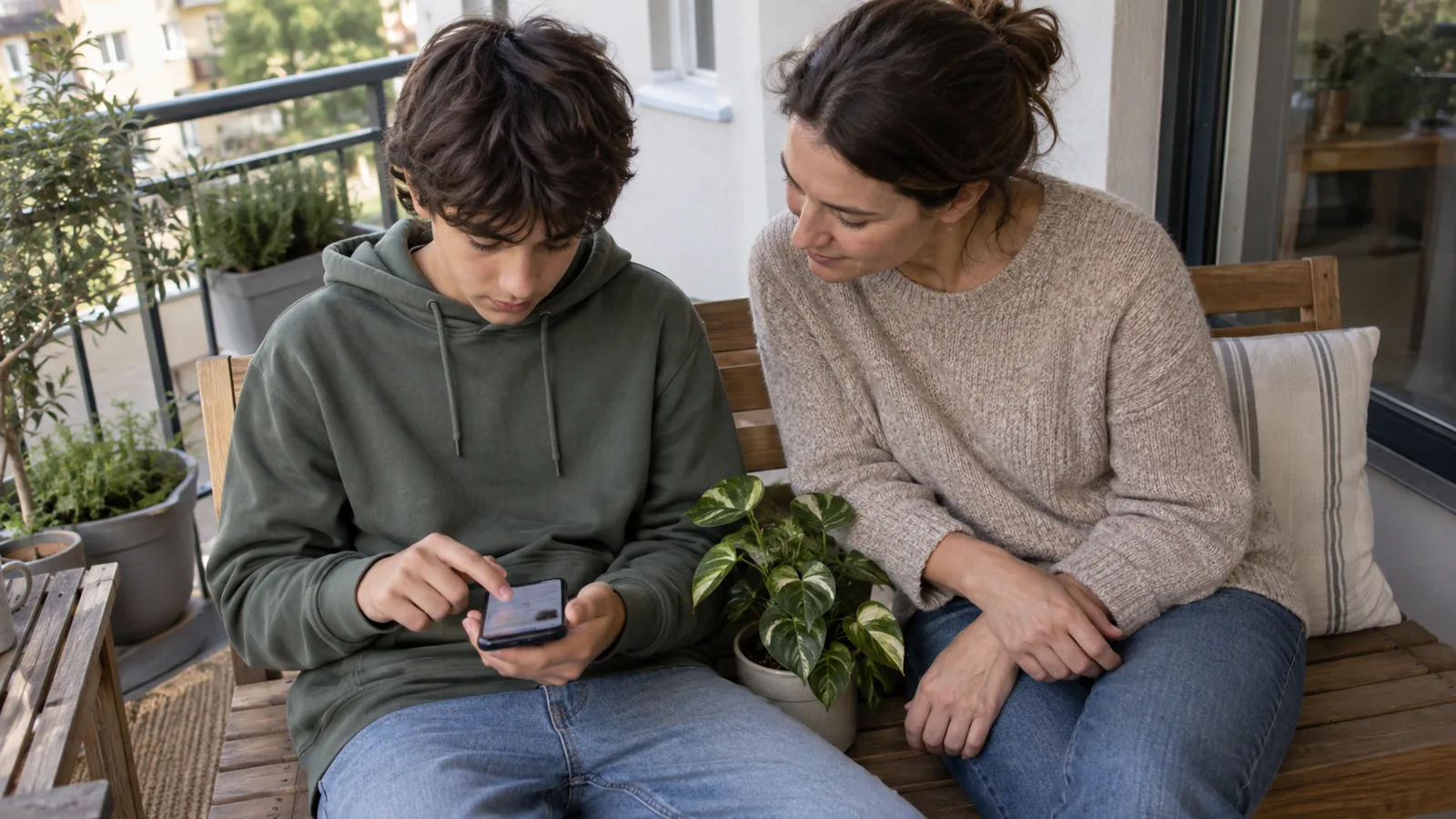 Ergende Oyun ve Sosyal Medya: Sınır Koymak mı, Çatışmak mı? 3 Balkonda bankta yan yana oturan bir ergen ve yetişkin; ergen telefonundaki bir ayarı değiştirirken yetişkin ekrana bakıyor.