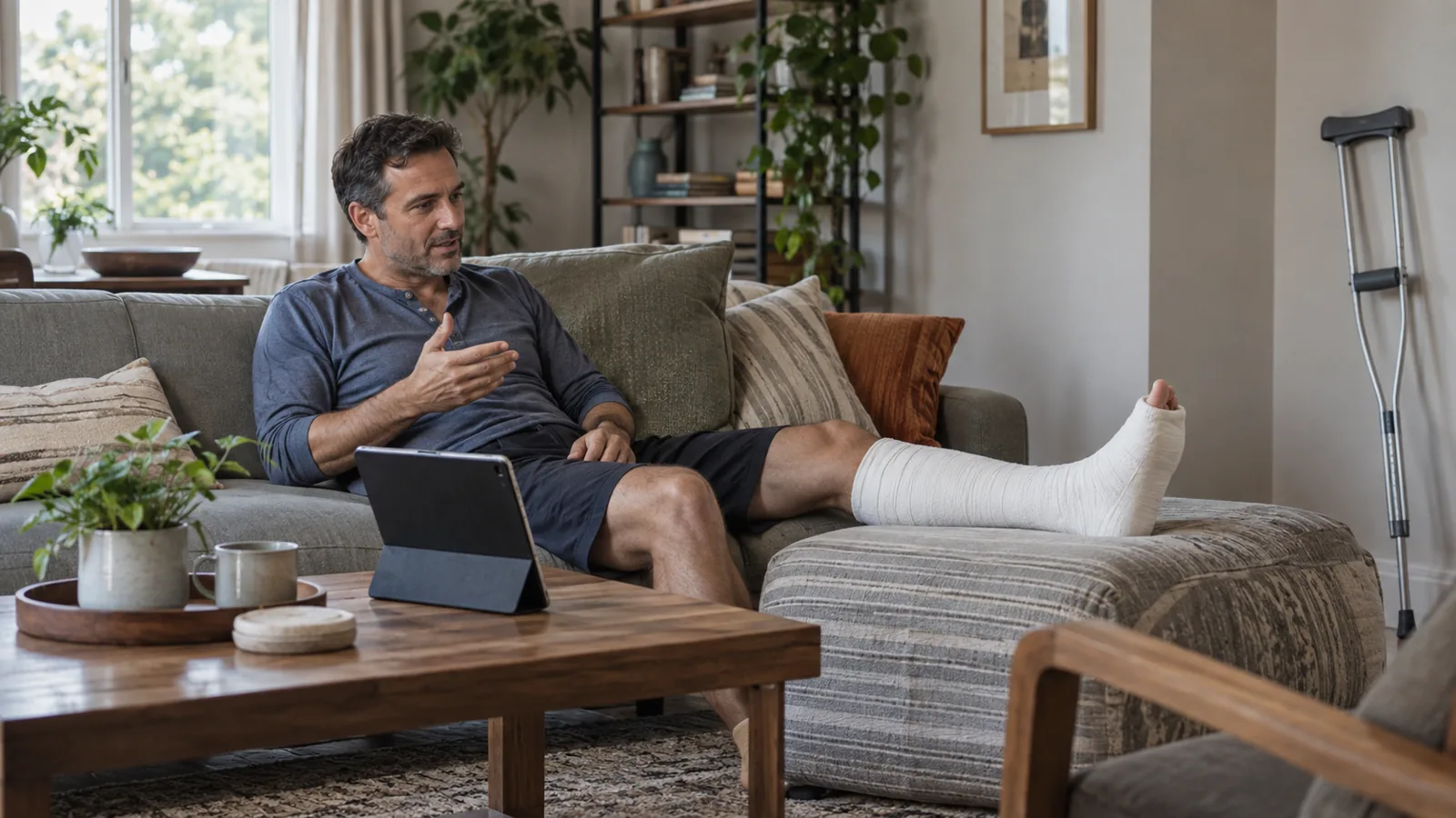 Online Terapi Kimler İçin Uygun, Kimler İçin Değil? 1 Bacağı alçıda olduğu için kanepede oturan bir adam, sehpadaki tablet üzerinden görüntülü görüşme yapıyor.
