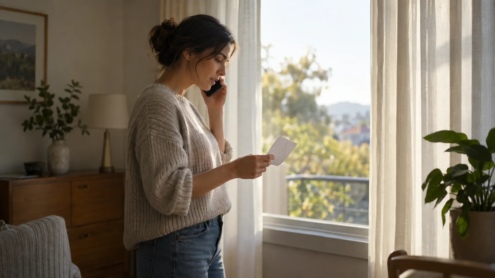 Psikolojik Danışman ile Psikolog Arasındaki Fark Nedir? 3 Pencere önünde ayakta telefonla konuşan bir kişi; diğer elinde katlanmış küçük bir kâğıt var