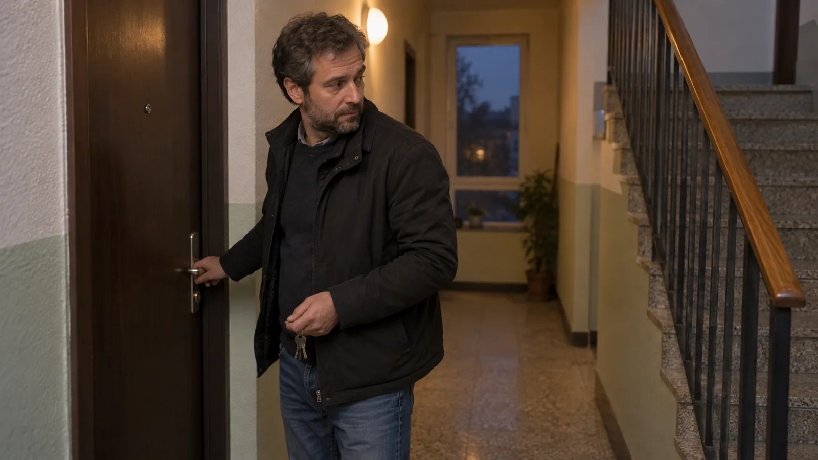 Apartman girişinde kapı kolunu tutan bir adam, omzunun üzerinden kapıya dönüp kilitleyip kilitlemediğini düşünürcesine duraksıyor.