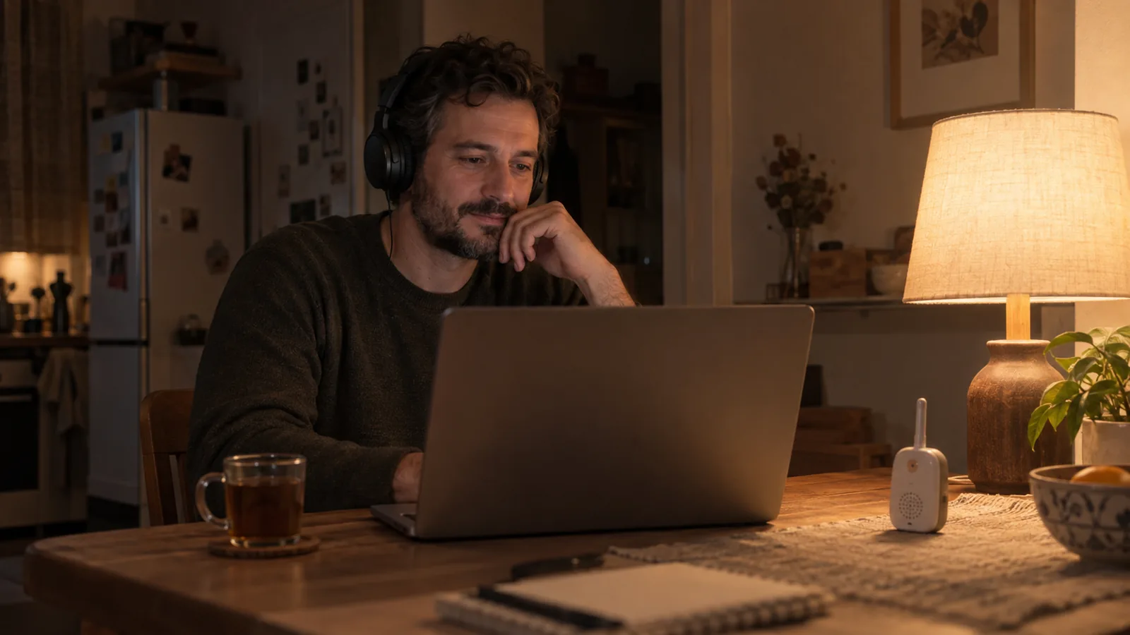 Adana Online Psikolog: Evden Psikoterapi ve Online Danışmanlık Rehberi 1 Gece evde masa lambasının ışığında kulaklık takmış bir adam açık dizüstü bilgisayarın önünde, yanında bebek telsizi duruyor.