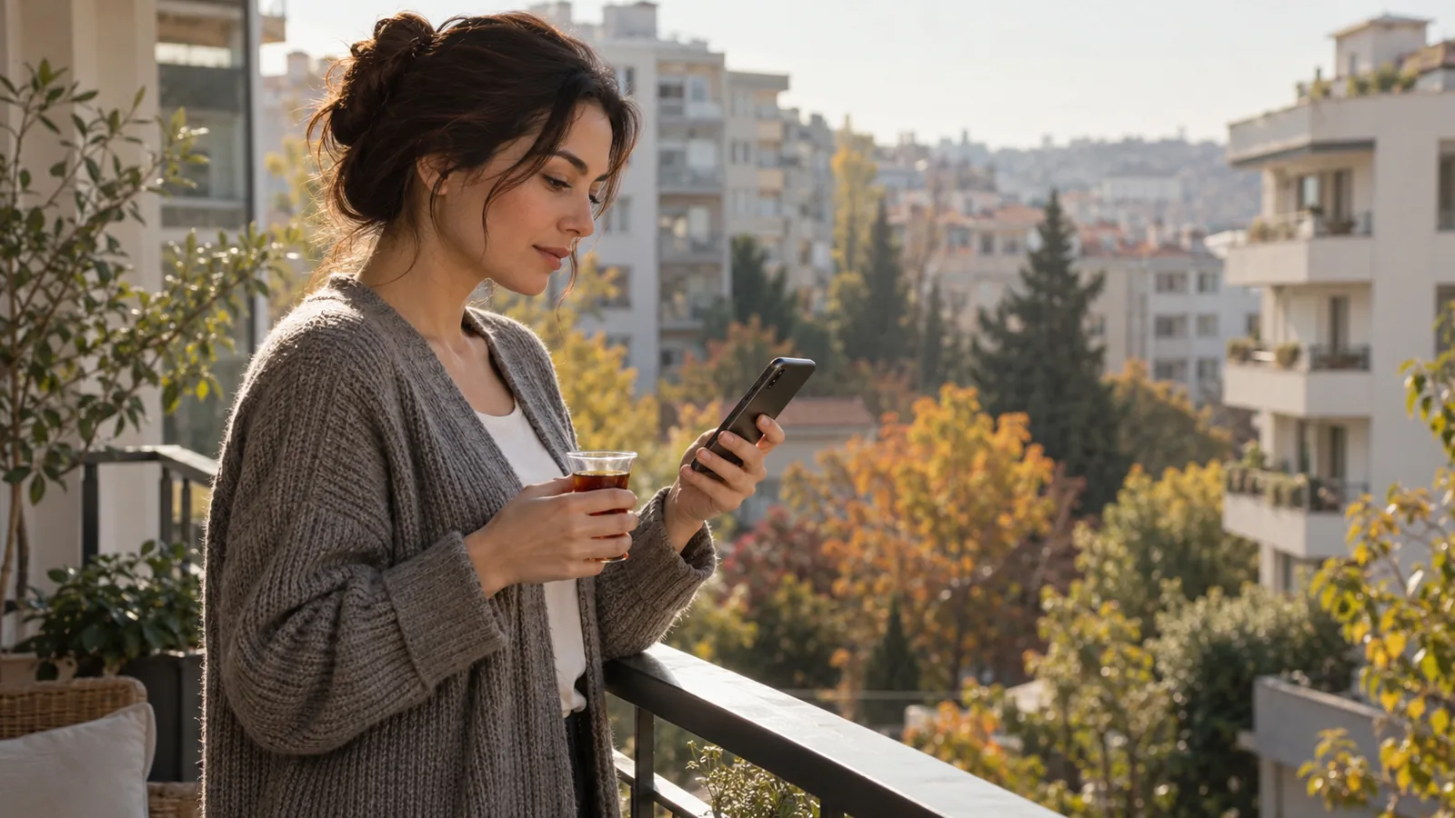 Sabah balkonunda bir kadın elinde çay bardağı ve telefonla, mesaj yazmadan önce düşünceli biçimde ekrana bakıyor.
