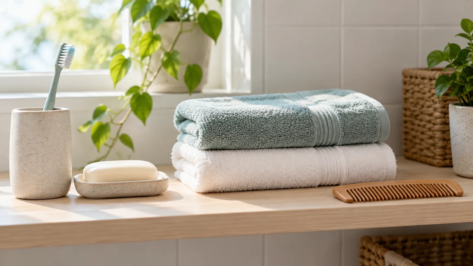 Aile Danışmanı Gül Kaynar: Aile, Çift ve Vajinismus Danışmanlığı 2 Banyo rafında düzenli duran diş fırçası, sabun, katlanmış havlular ve tarak; öz bakım alışkanlığını anlatıyor.