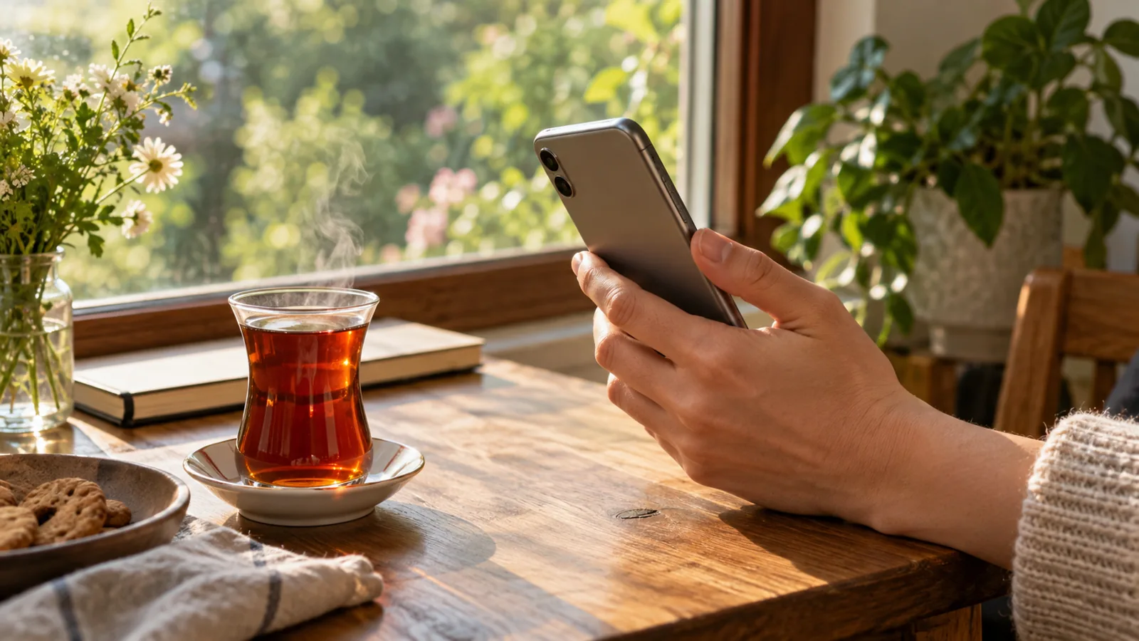 Aile Danışmanı Gül Kaynar: Aile, Çift ve Vajinismus Danışmanlığı 3 Pencere önünde buharı tüten çay bardağının yanında telefonu elinde tutan bir el; ekran görünmüyor.