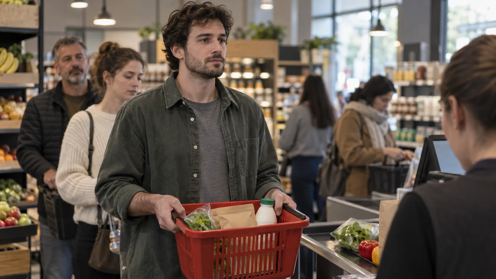 Kalabalık bir markette kasa sırasında alışveriş sepetini iki eliyle tutan bir genç, ciddi bir ifadeyle sırasını bekliyor.