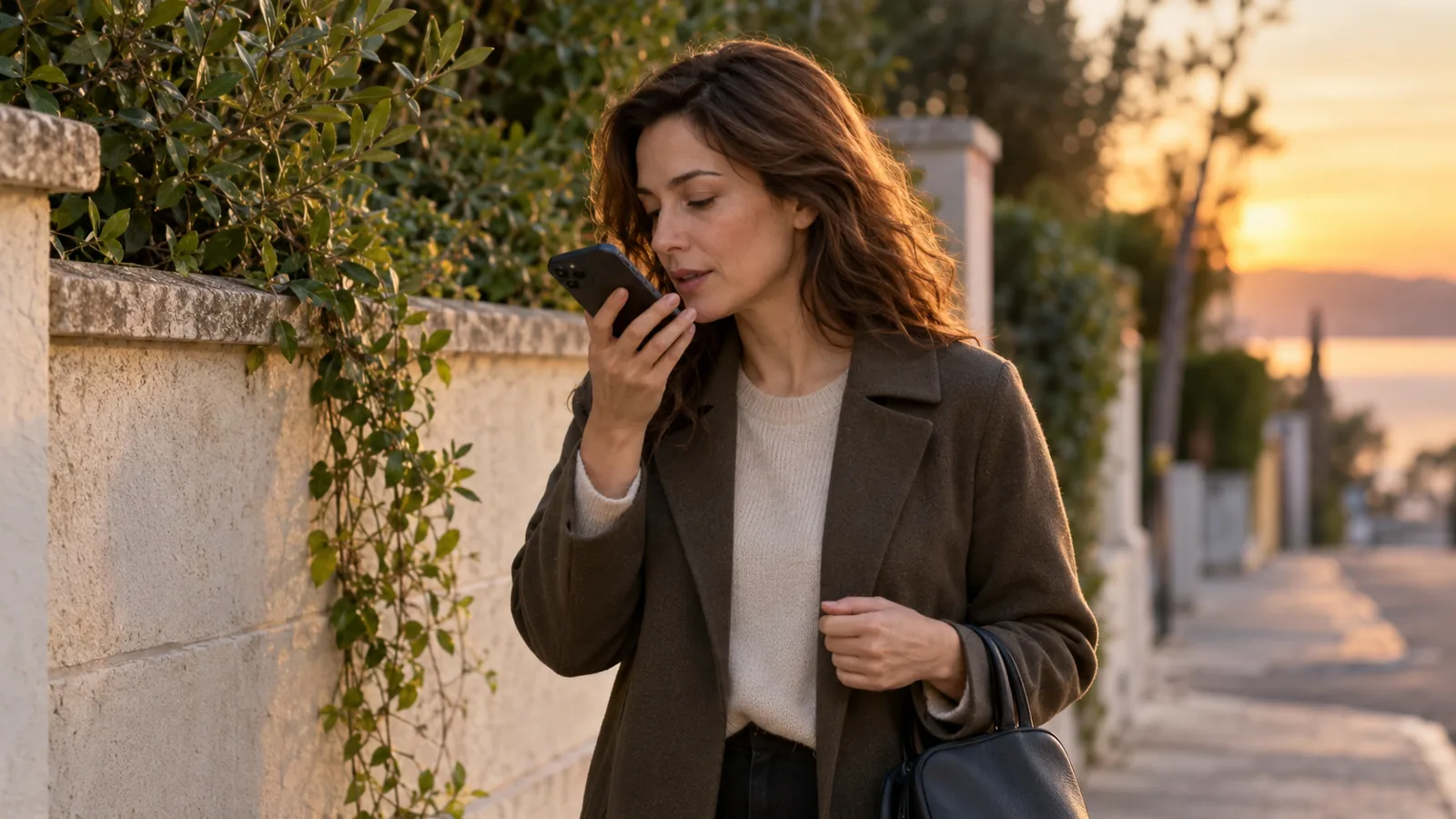 Bir kadın sokak kenarında ayakta, telefonuna sesli not bırakırken düşüncelerini topluyor.