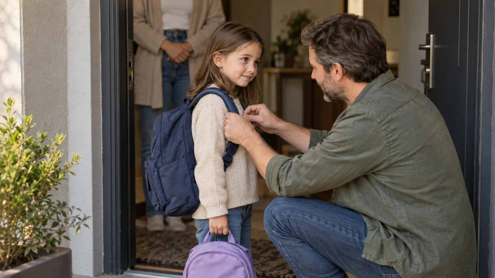 Apartman kapısının önünde sırt çantalı bir kız çocuğu, eğilip çantasının askısını düzelten babasına bakıyor; geride bir kadın bekliyor.