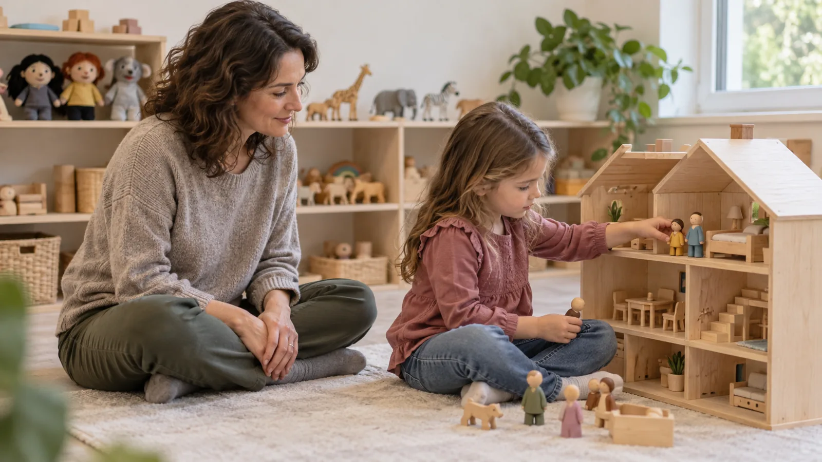 Çocuk Merkezli Oyun Terapisi Nedir? Hangi Durumlarda Kullanılır? 1 Oyun odasında küçük bir kız oyuncak eve aile figürleri yerleştiriyor, yanında yere oturmuş bir kadın dokunmadan izliyor.