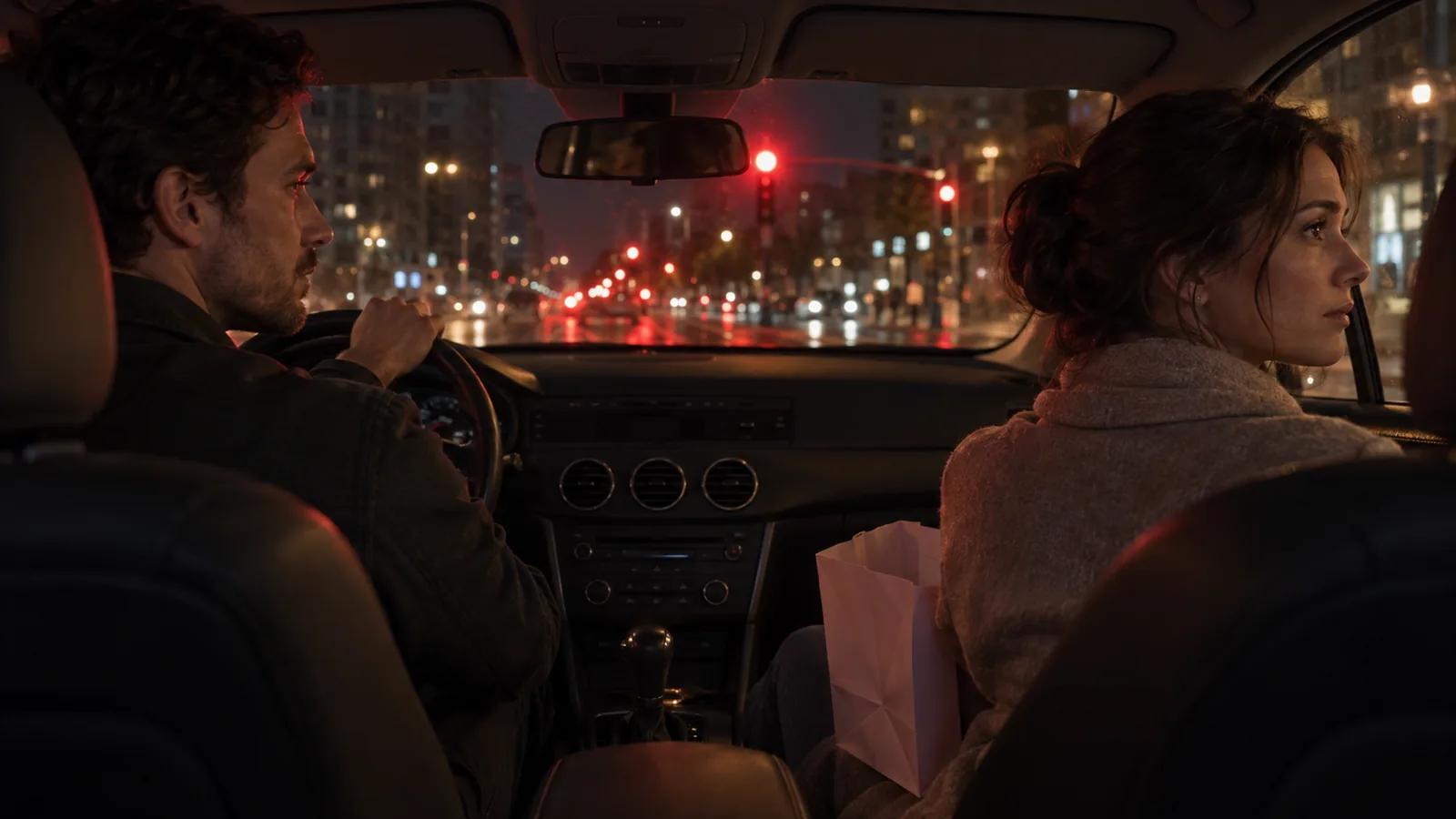 Gece trafik ışığında bekleyen arabada sessizce oturan bir çift; kadın kucağında hediye çantasıyla cama dönmüş, erkek yola bakıyor.