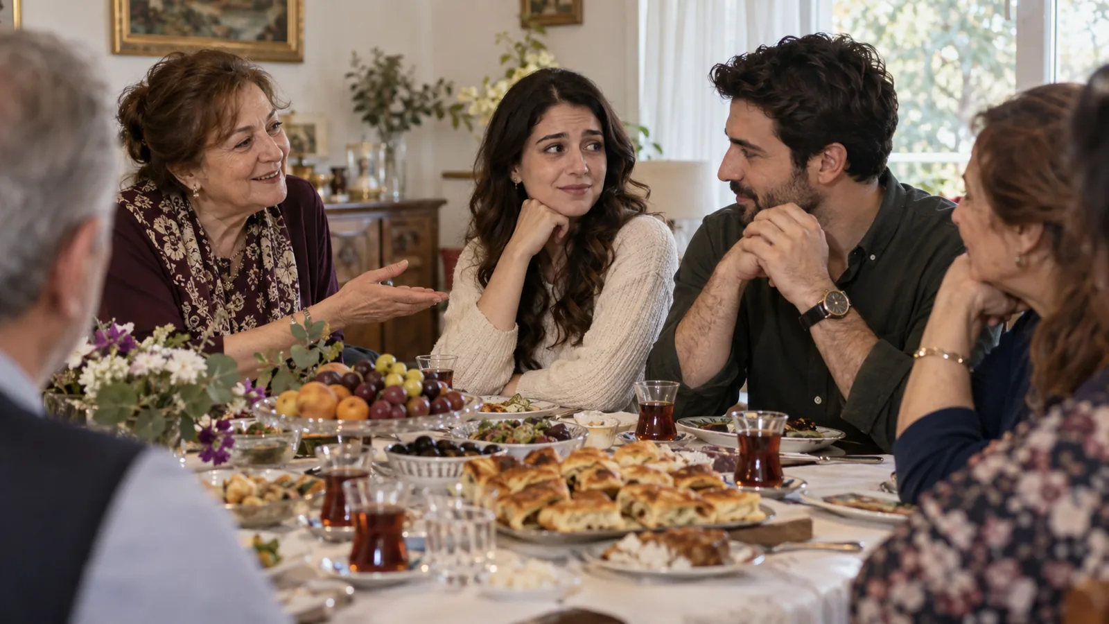 Kalabalık aile sofrasında genç çifte doğru eğilip soru soran yaşlı bir kadın; çift kısa bir bakışla birbirine bakıyor.