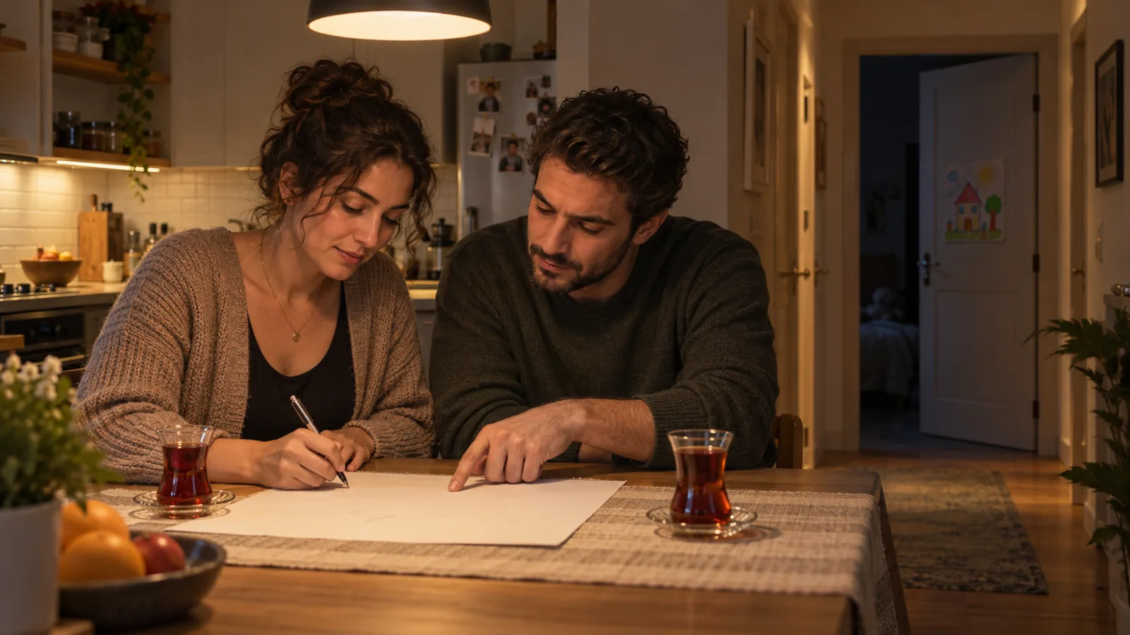 Gece mutfak masasında yan yana oturup bir kâğıt üzerinde birlikte not alan iki ebeveyn; arkada çocuk odasının aralık kapısı.