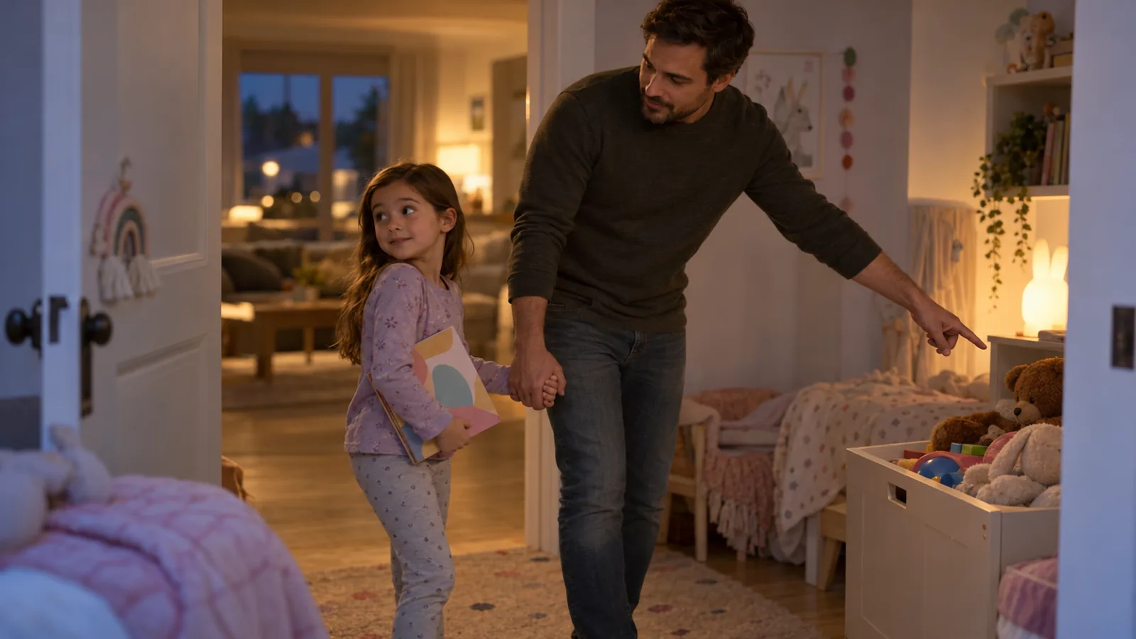 Ergenlikte Öfke Patlamaları ve Çatışma: Ebeveynler İlişkiyi Nasıl Korur? 1 Akşam bir baba küçük kızını elinden tutarak salondan çocuk odasına götürüyor, eliyle odadaki oyuncak sandığını gösteriyor.