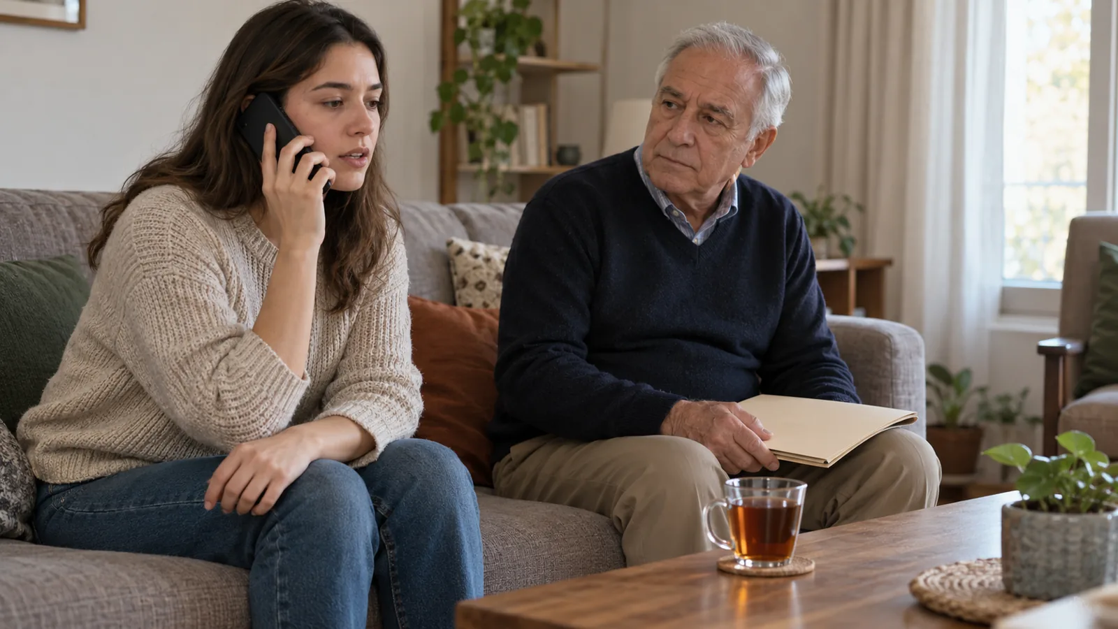 İkinci Kuşak Göçmenlerde Ebeveynlerle Kültürel Kopuş: Aile İçinde Anlaşılmamak 1 Oturma odasında genç bir kadın telefonda konuşuyor; yanındaki yaşlı adam elindeki kapalı dosyayla onu dinliyor.