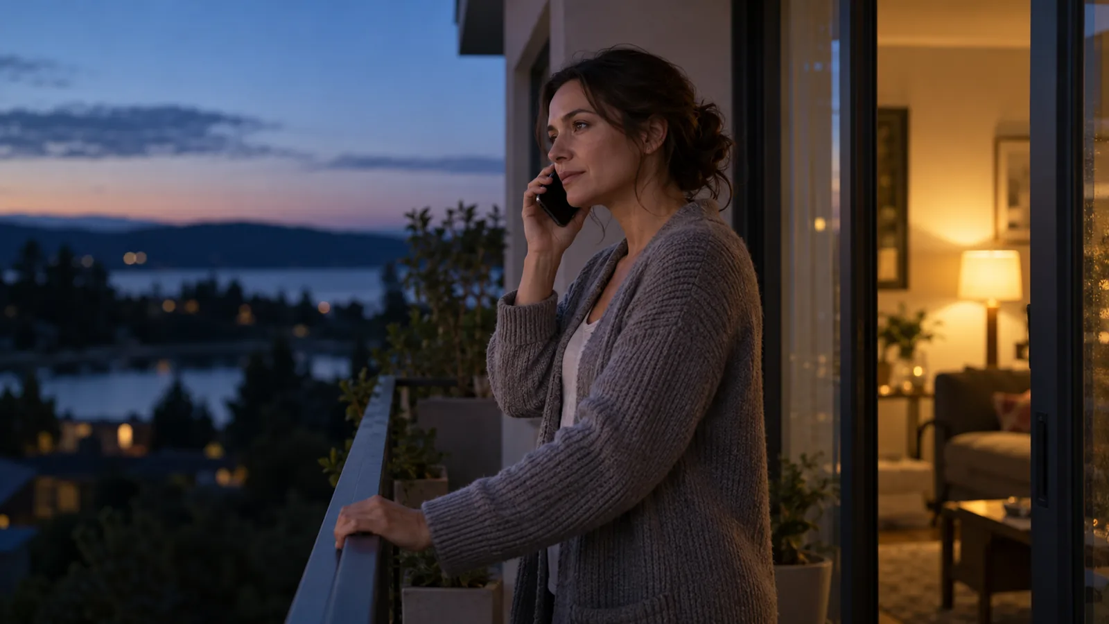 Akşam, bir kadın küçük bir balkonda korkuluğa tutunarak telefonla konuşuyor ve uzağa bakıyor.