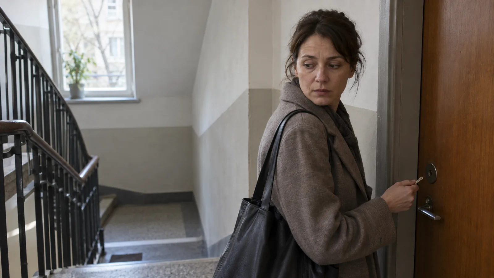 İş Kaybı Sonrası Psikolojik Destek: Belirsizlikle Baş Etmek 1 Apartman merdiven boşluğunda elinde anahtarla kapısının önünde duran bir kadın, alt kata doğru temkinli bir bakışla bakıyor.