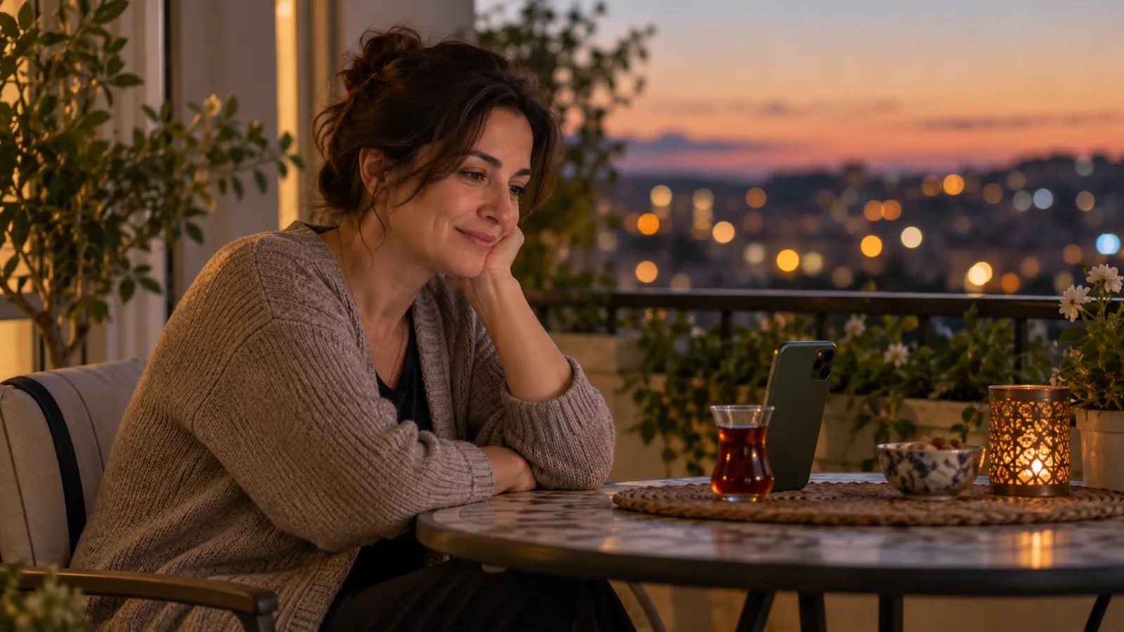 Akşam balkonda küçük masada oturan bir kadın, çay bardağına dayalı telefona doğru eğilip dinliyor.