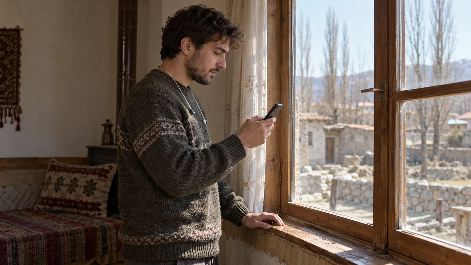 Boynunda kulaklık olan genç bir adam, köy evinin penceresi önünde telefonunu tutarak bağlantıyı deniyor.
