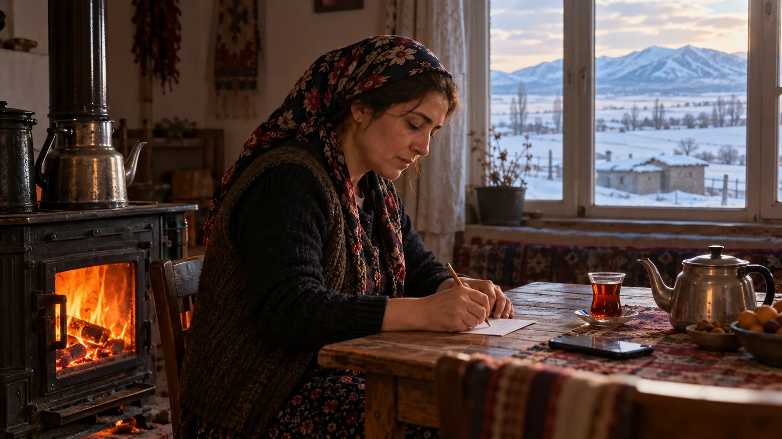 Kış günü köy evinde soba yanındaki masada oturan bir kadın, küçük bir kâğıda kalemle not yazıyor; pencerede karlı bozkır.