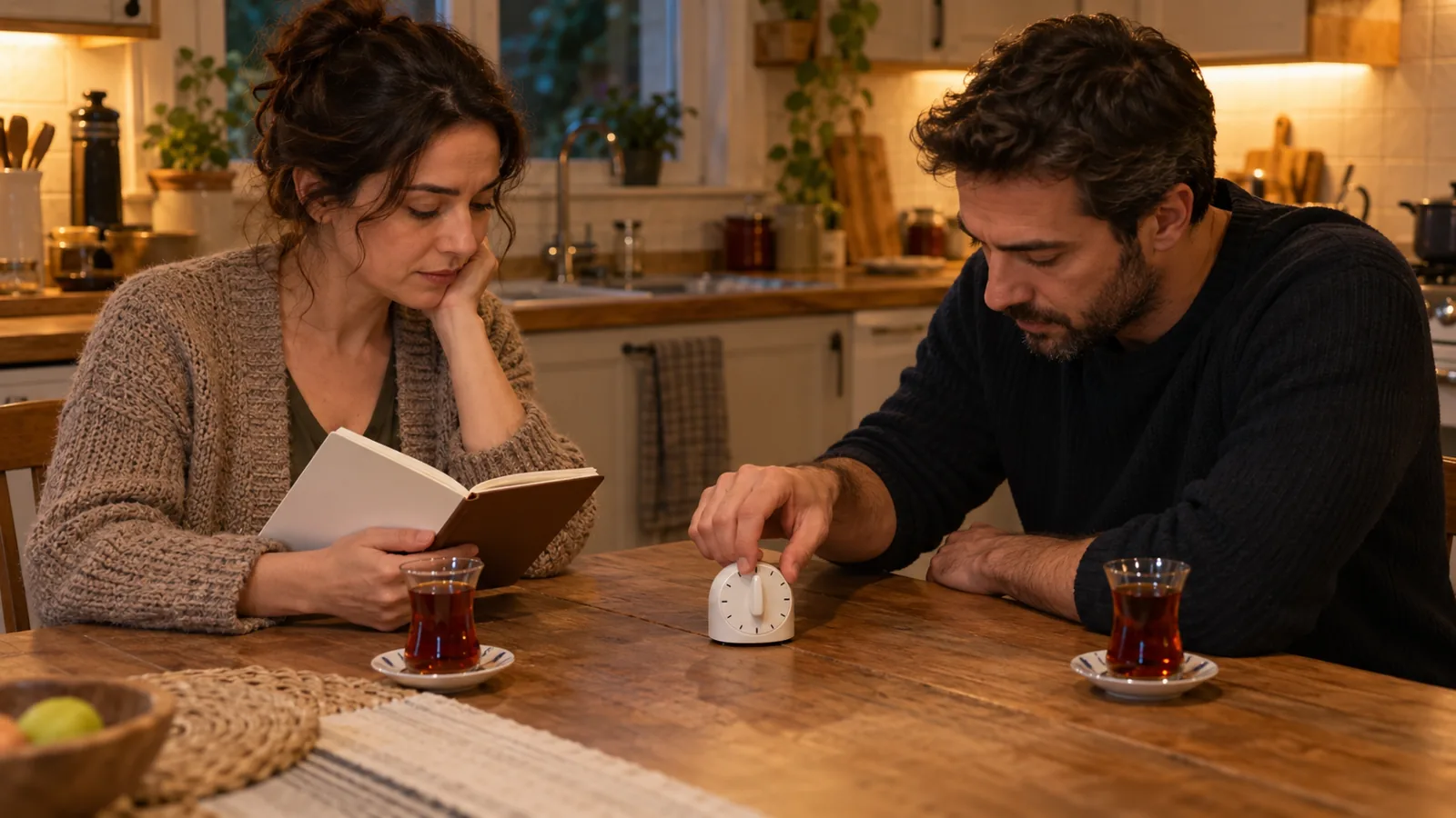Salonda koltukta yan yana oturan iki yetişkin; biri öne eğilip konuşurken diğeri ona dönmüş, sakin biçimde dinliyor.