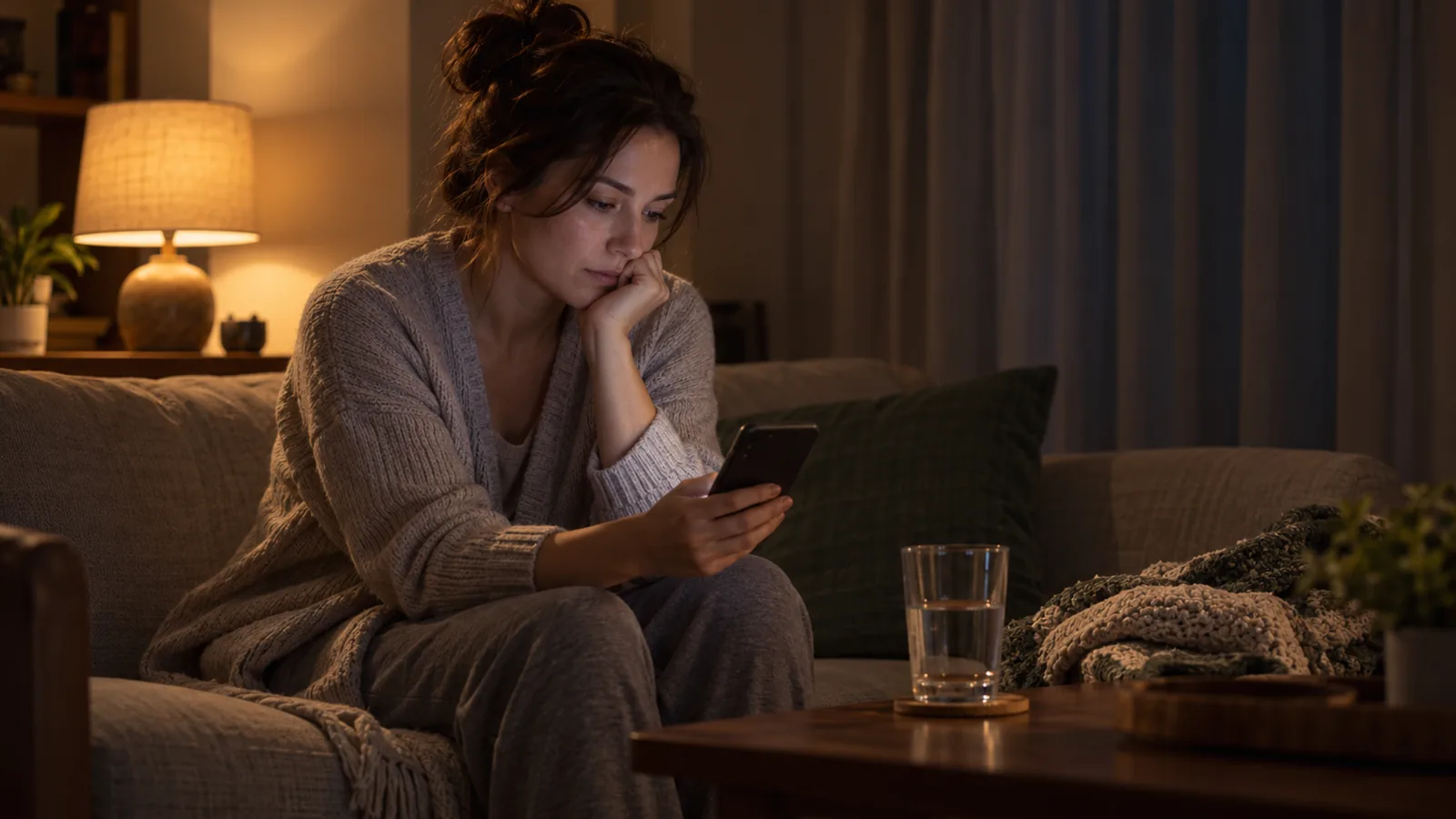 Gece lambanın yanında koltukta oturan bir kadın, telefonuna bakarken düşünceli bir şekilde çenesini elinde tutuyor.