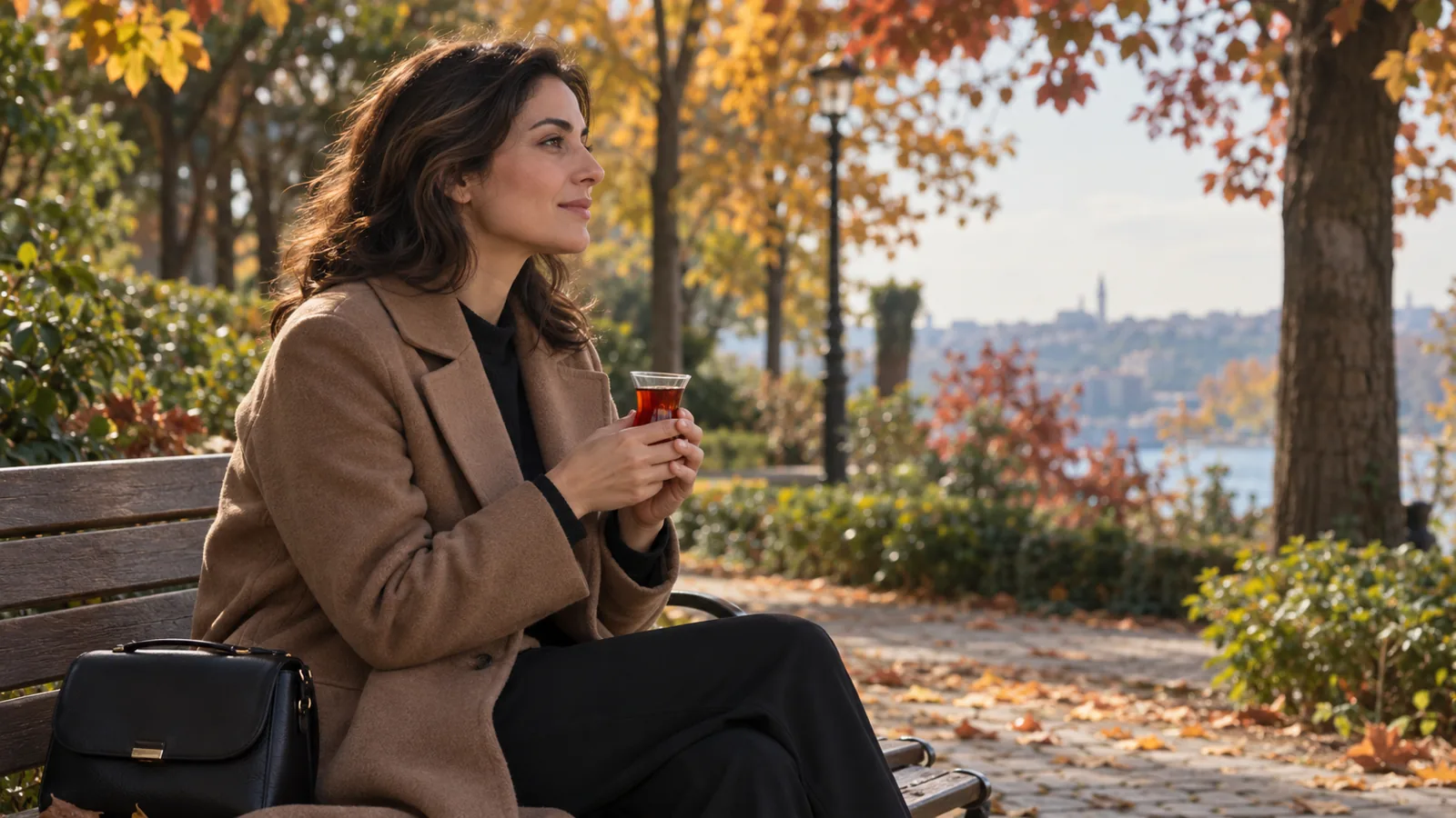 Küçük bir parkta ahşap bankta tek başına oturan kadın, elindeki çay bardağıyla ağaçlara bakarak dinleniyor.