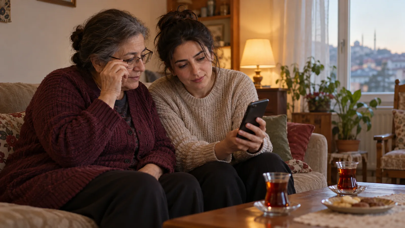Oturma odasında anne ve yetişkin kızı yan yana kanepede oturuyor, birlikte kızın telefonundaki bilgi sayfasını okuyor.