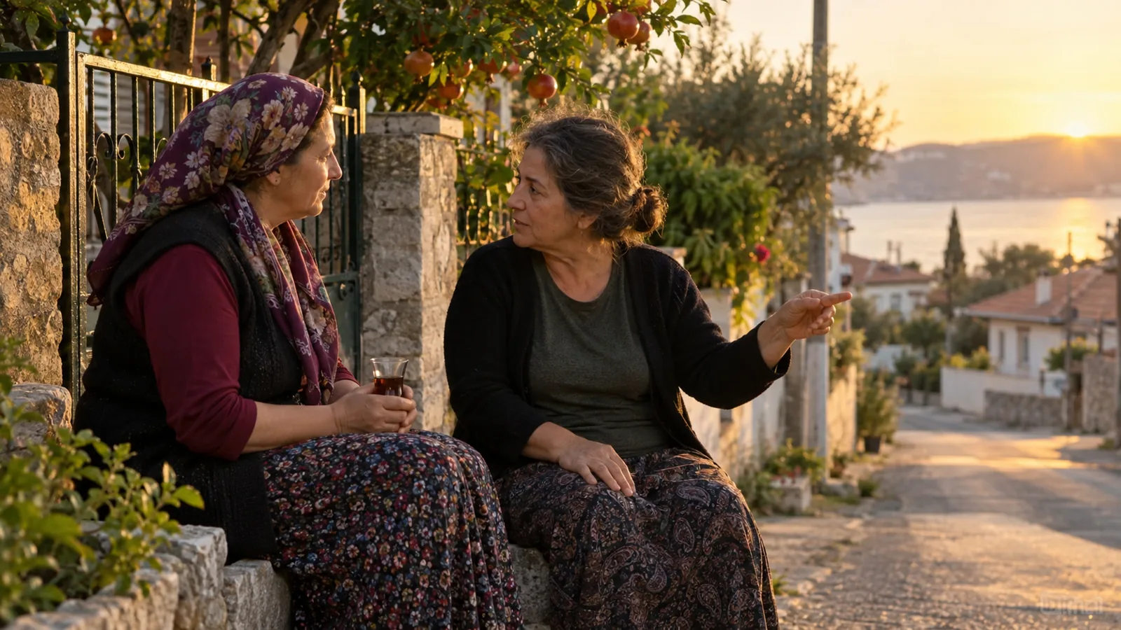 Akşamüstü bahçe duvarında oturan iki kadın; biri çay bardağını tutarak dinliyor, diğeri bir şey anlatıyor.
