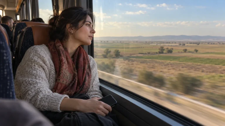 Şehirler arası otobüsün cam kenarında oturan bir kadın, telefonu elinde, dışarıdaki geniş ovaya düşünceli bakıyor.