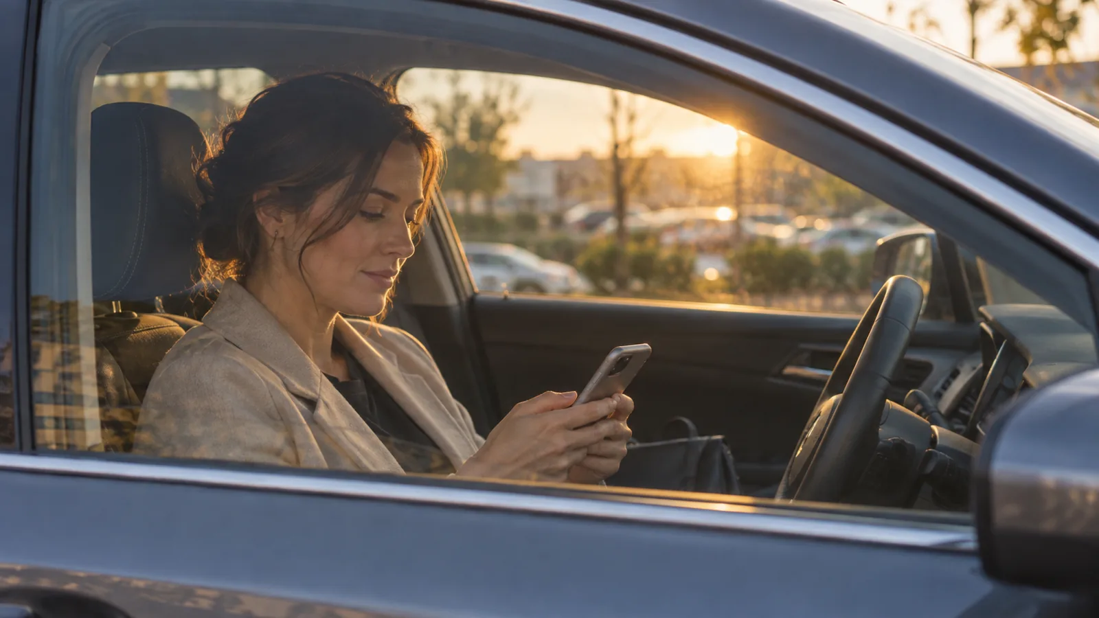 Park halindeki arabada oturan bir kadın, motoru çalıştırmadan telefonuna bakıp bir şey yazmayı düşünüyor.