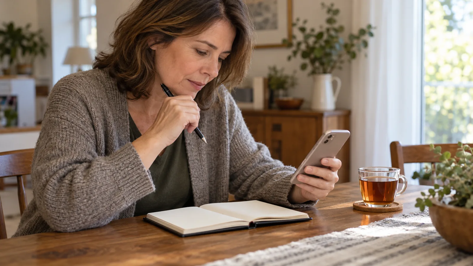 Tarsus Psikolog Rehberi: Adana’da Yüz Yüze ve Online Psikolojik Destek 1 Yemek masasında bir kadın bir elinde telefon, diğerinde kalemle önündeki cep ajandasına bakarak yol payını hesaplıyor.