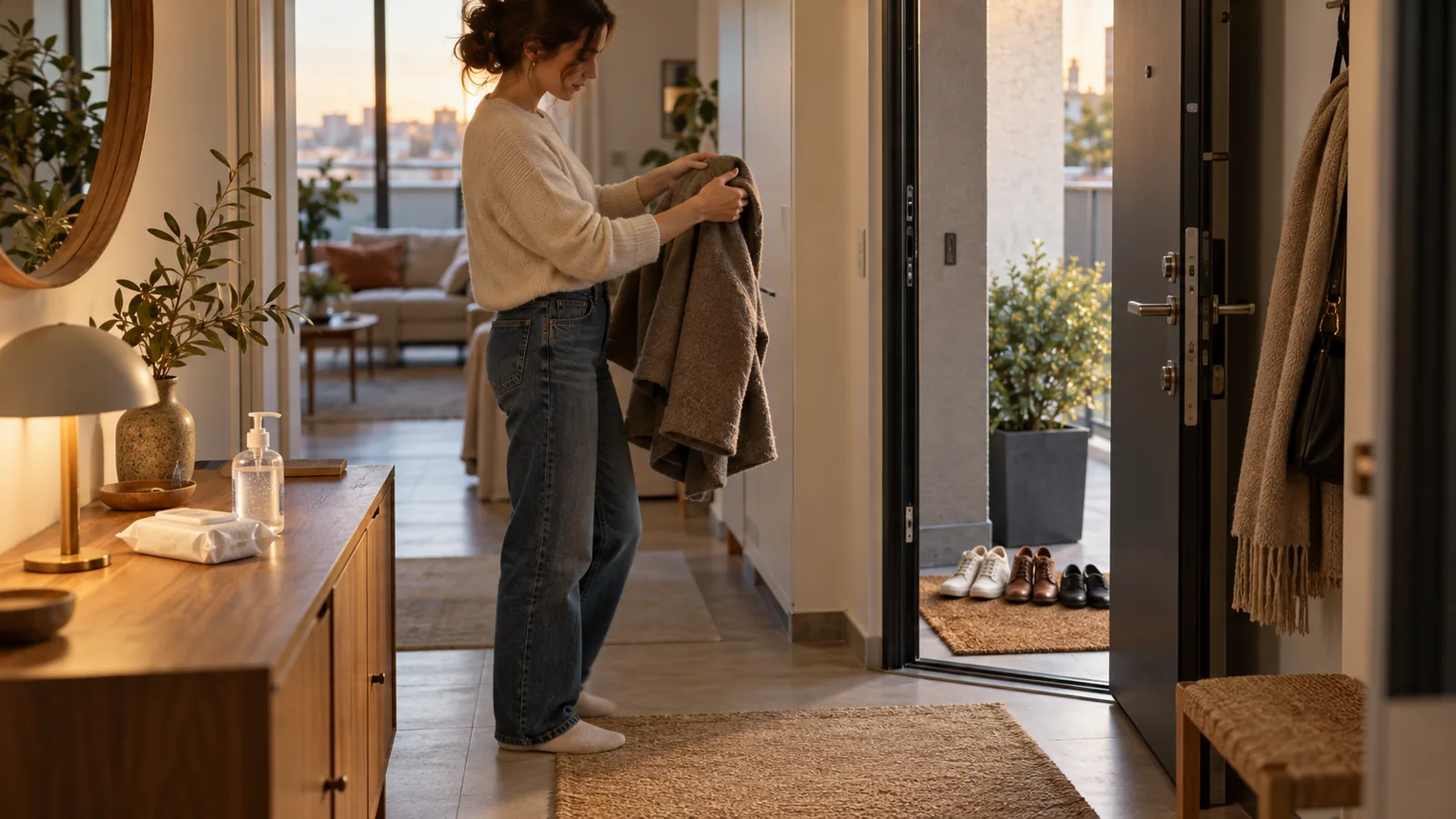 Akşam bir kadın apartman kapısının eşiğinde montunu bedeninden uzak tutarak çıkarıyor; konsolda ıslak mendil ve dezenfektan duruyor.