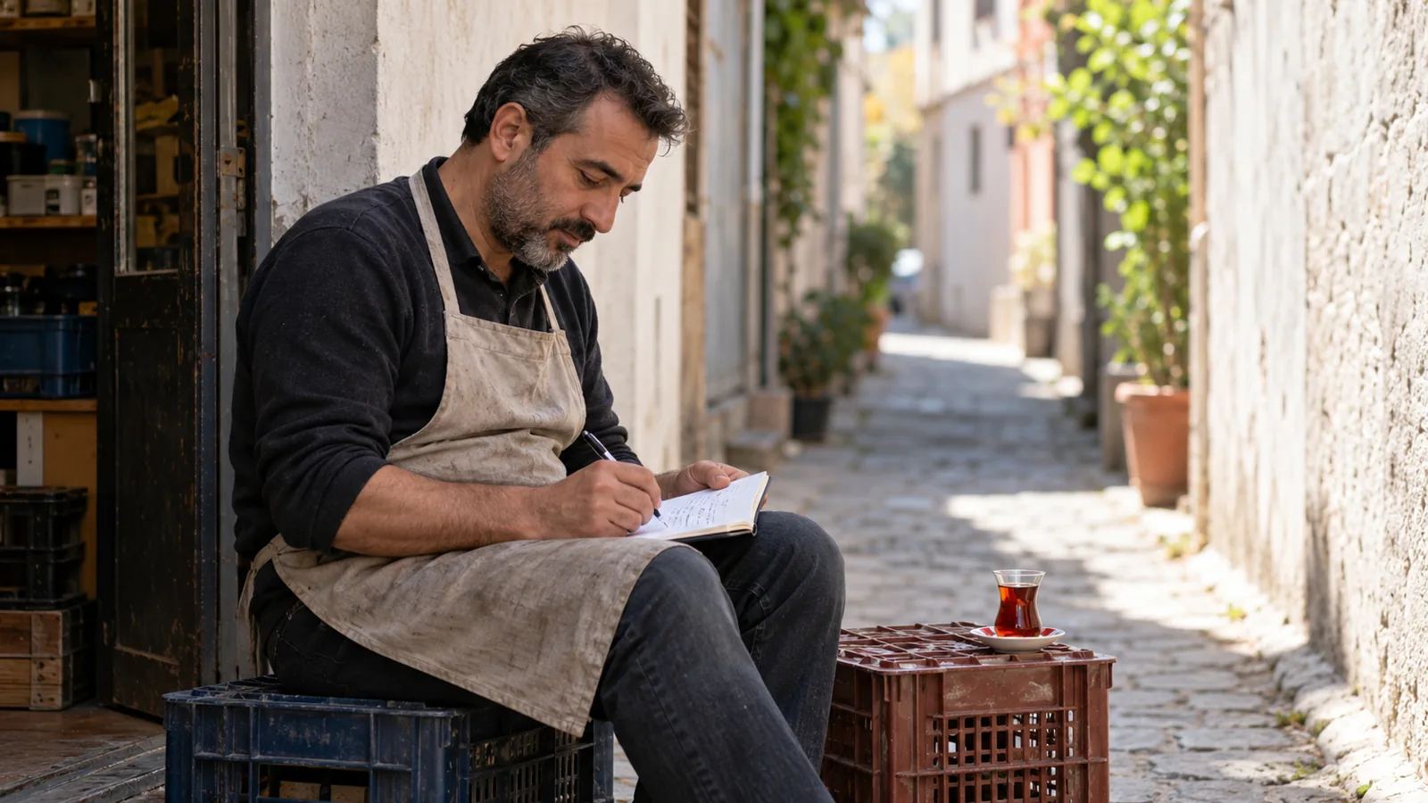 Öğle molasında dükkânın arka kapısında oturan bir adam, cep defterine kısa notlar yazıyor.