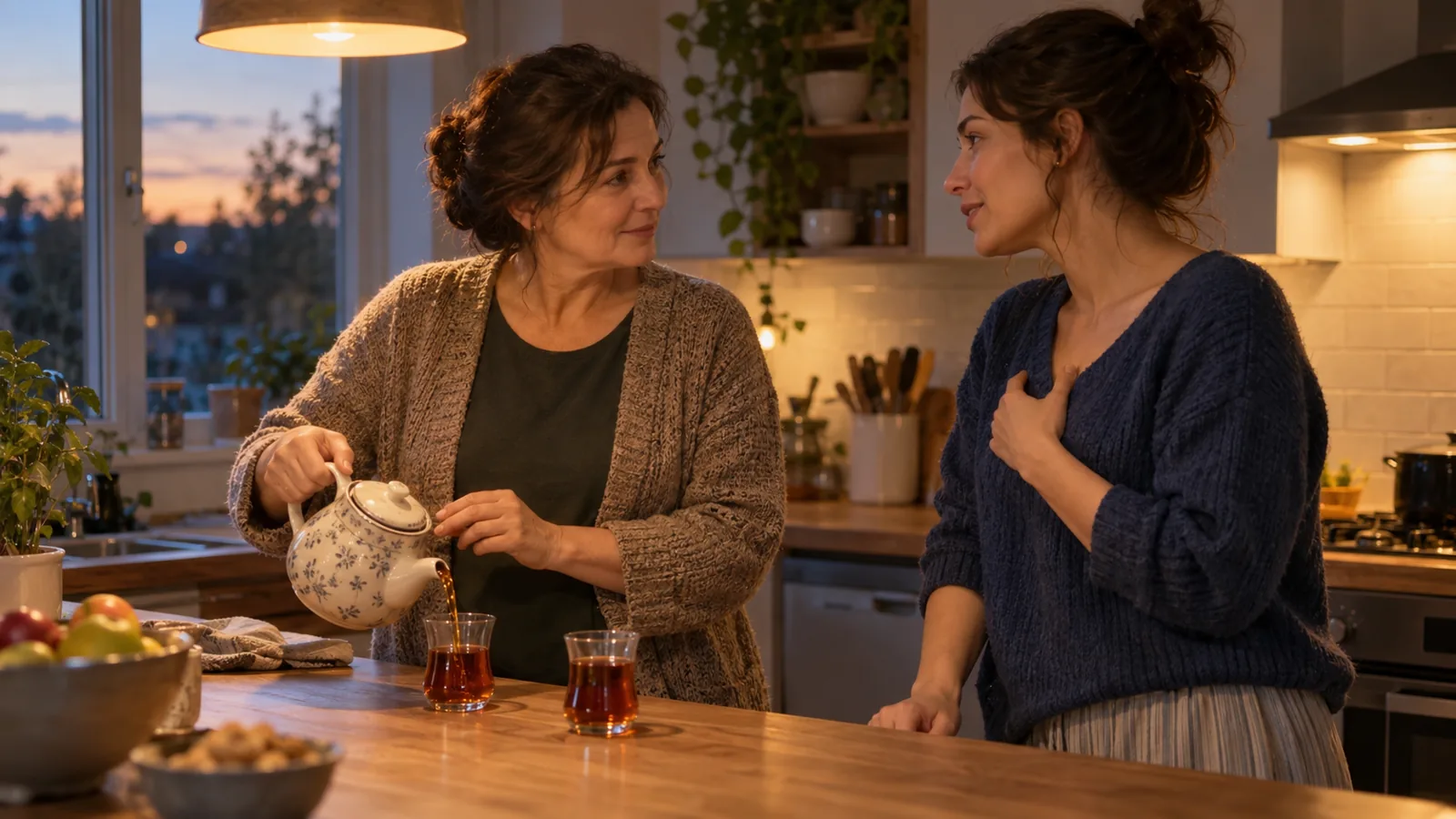 İki kadın akşam mutfağında tezgâhın başında duruyor; biri çaydanlıktan çay doldururken öbürü tezgâha yaslanıp sakin bir sesle bir şey anlatıyor.