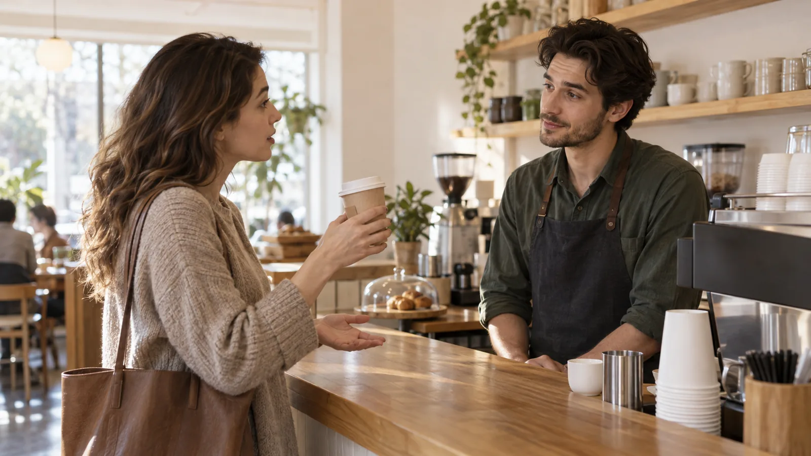 Kafe tezgâhında elindeki kahve bardağını gösterip baristaya kibarca bir şey rica eden genç bir kadın; barista dinliyor.