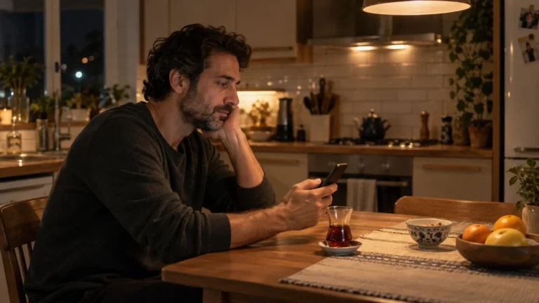 Gece mutfak masasında çay bardağının yanında telefonunu elinde tutan, ekrana bakıp düşünen bir adam.