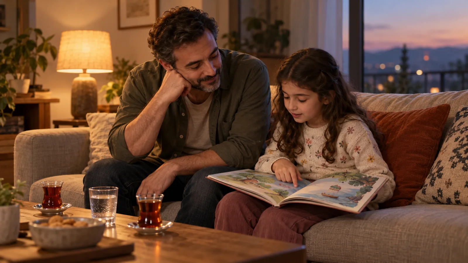 Akşam oturma odasında koltuğa oturmuş bir baba ve küçük çocuğu, çocuk resimli bir kitabı yüksek sesle okuyor, baba dinliyor.