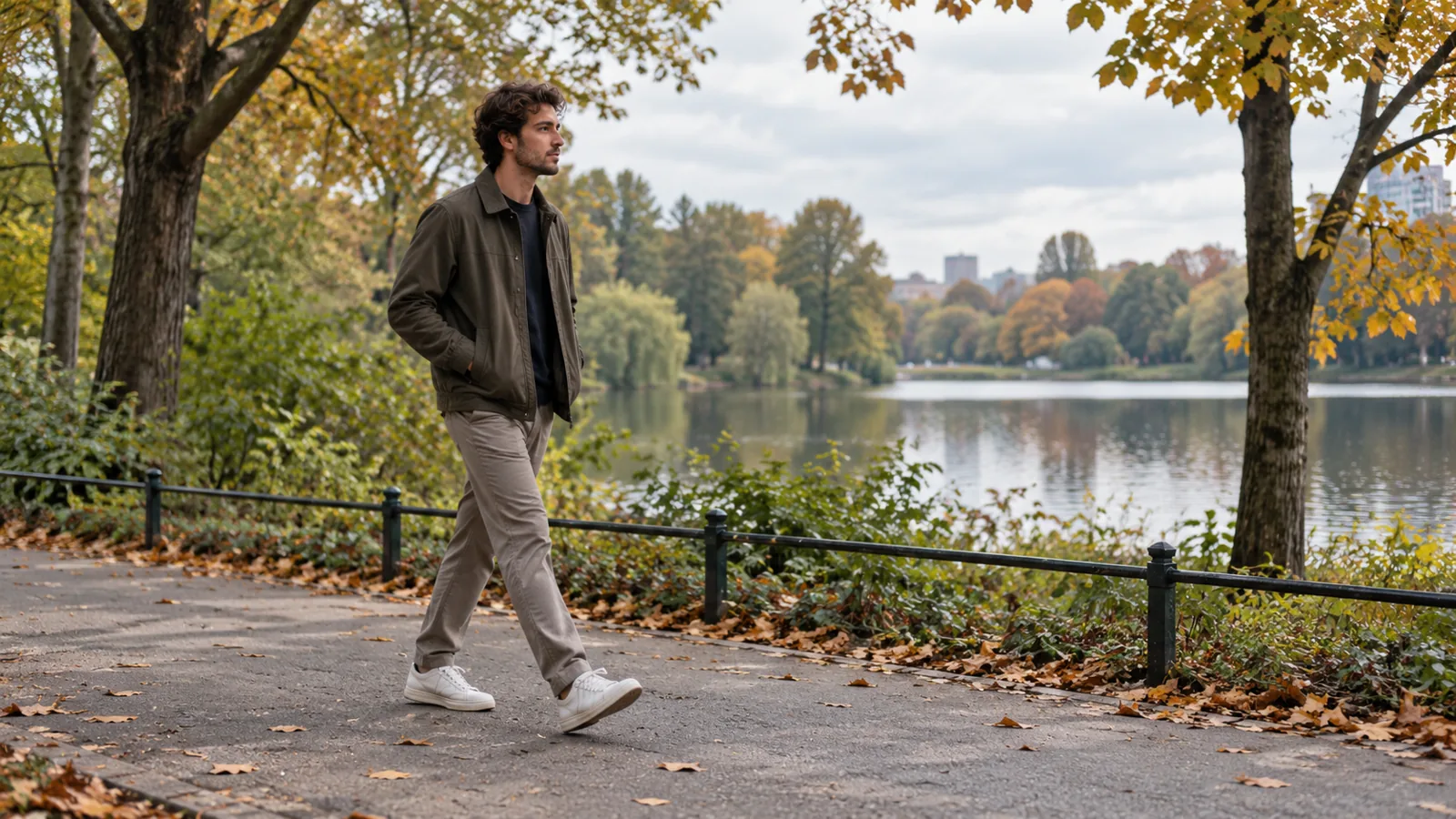 Ağaçlı bir park yolunda bir genç adam elleri ceplerinde, düşünceli bir ifadeyle yürüyor.