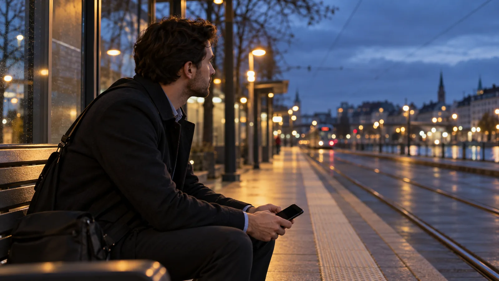 Bir adam akşam tramvay durağındaki bankta omzunda çantasıyla, elinde kapalı telefonla uzağa bakarak oturuyor.